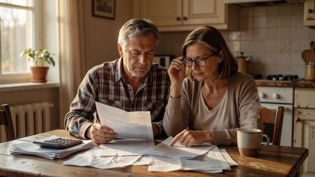 A middle aged couple at a kitchen table in soft morning light reviewing paper mortgage and credit card statements with a calculator and a coffee mug.