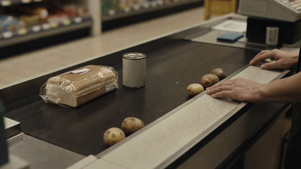 A supermarket checkout conveyor belt holding only a loaf of bread one canned good and a few loose potatoes as a cashier reaches toward the register under warm overhead lighting