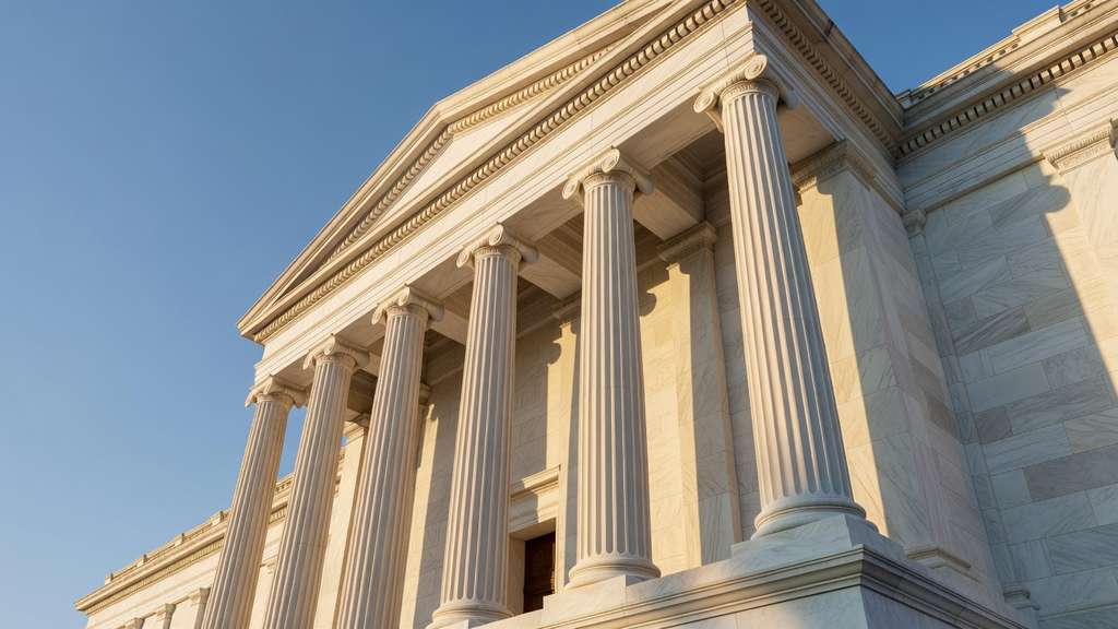 Tall fluted marble columns and the carved pediment of a neoclassical federal government building in Washington photographed from a low angle in late afternoon light against a clear sky