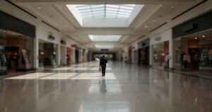 A single shopper carrying one small paper bag walks through a nearly empty shopping mall concourse, daylight from overhead skylights reflecting off the polished stone floor.
