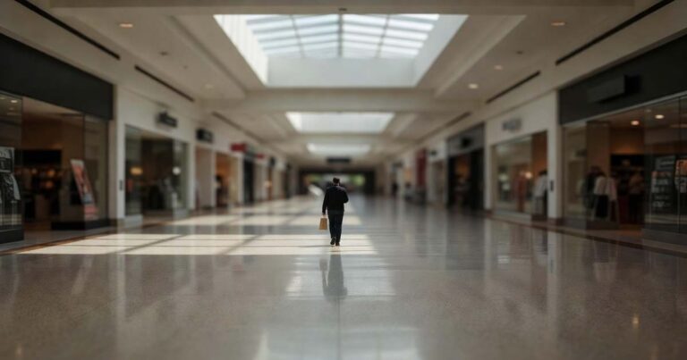 A single shopper carrying one small paper bag walks through a nearly empty shopping mall concourse, daylight from overhead skylights reflecting off the polished stone floor.