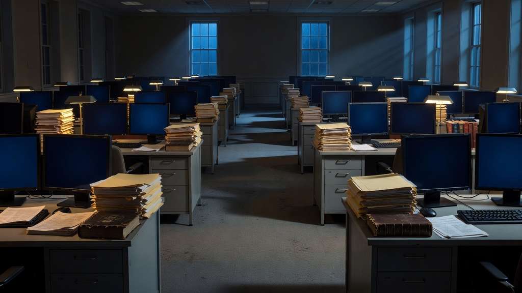 A dark empty federal government accounting office at night with long rows of gray desks holding blank dual monitors tall stacks of manila folders and thick bound ledger books lit by scattered warm desk lamps and cool blue light falling through tall windows