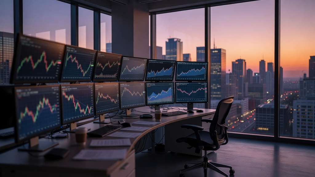 An empty government bond trading desk at dawn with a curved bank of monitors showing blurred candlestick and line charts an empty ergonomic chair a paper coffee cup and floor to ceiling windows framing a city skyline under an orange and violet sunrise