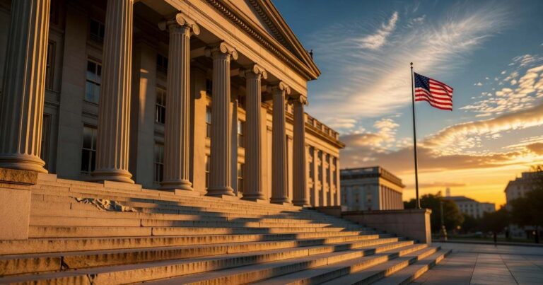 The neoclassical stone facade of the United States Treasury Building in Washington DC photographed from the base of its granite steps at golden hour with tall fluted columns casting long shadows and an American flag flying against a blue sky streaked with high thin clouds