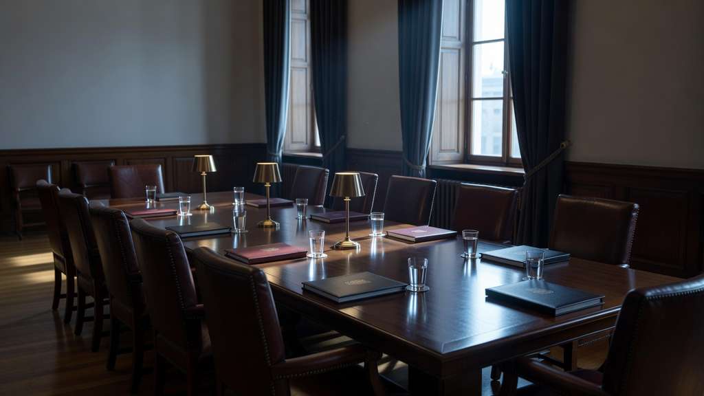 An empty government policy committee room with a long polished dark wood conference table, high backed leather chairs, closed leather document folios and water glasses set at three places, brass lamps and tall draped windows filled with cool morning light