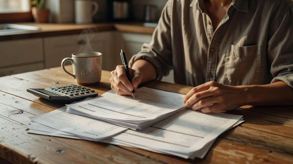 A person seated at a kitchen table in morning light reviewing a stack of household bills and a credit card statement, one hand holding a pen above the paperwork with a calculator and a ceramic coffee mug beside them