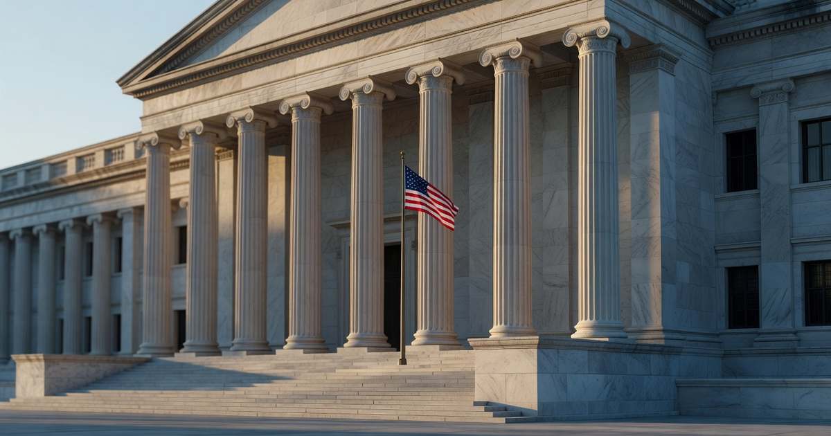 Morning sunlight on the marble columns of the Federal Reserve headquarters in Washington, with an American flag blurred in the background