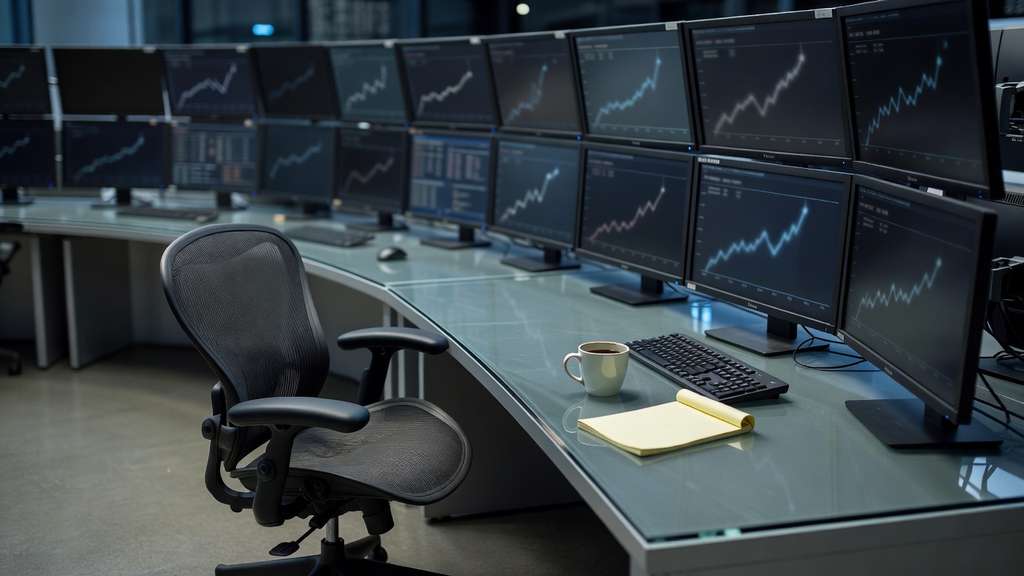 An empty institutional bond trading desk after the market close, a curved bank of dark monitors glowing faint blue above a keyboard, a pushed back chair, a cold cup of coffee and a yellow legal pad