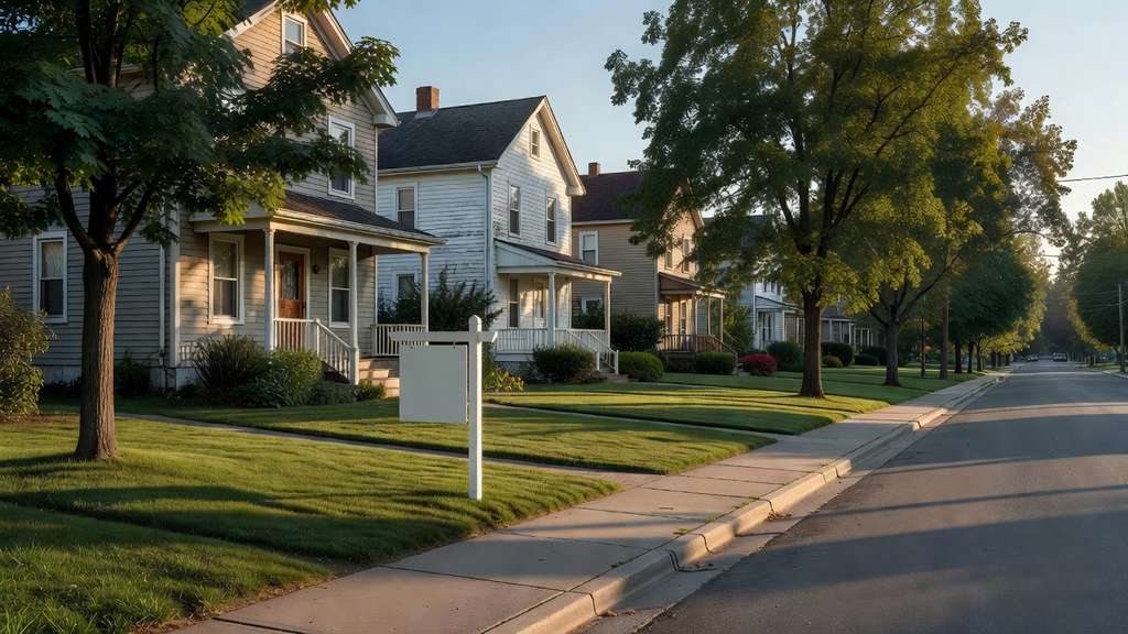 A quiet American suburban street of two story wood sided houses on a late summer morning, a blank white real estate sign post in a mowed front lawn and long tree shadows across the sidewalk