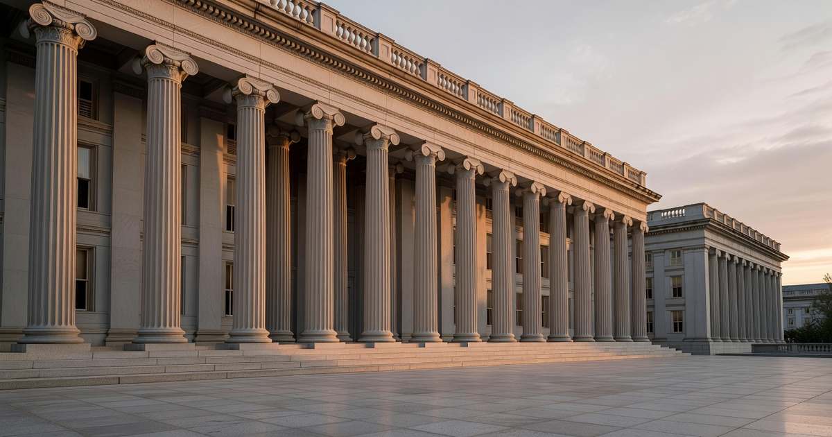 The neoclassical stone facade of the United States Treasury building at sunrise, tall fluted columns lit by low warm light with deep shadows between them above an empty granite plaza