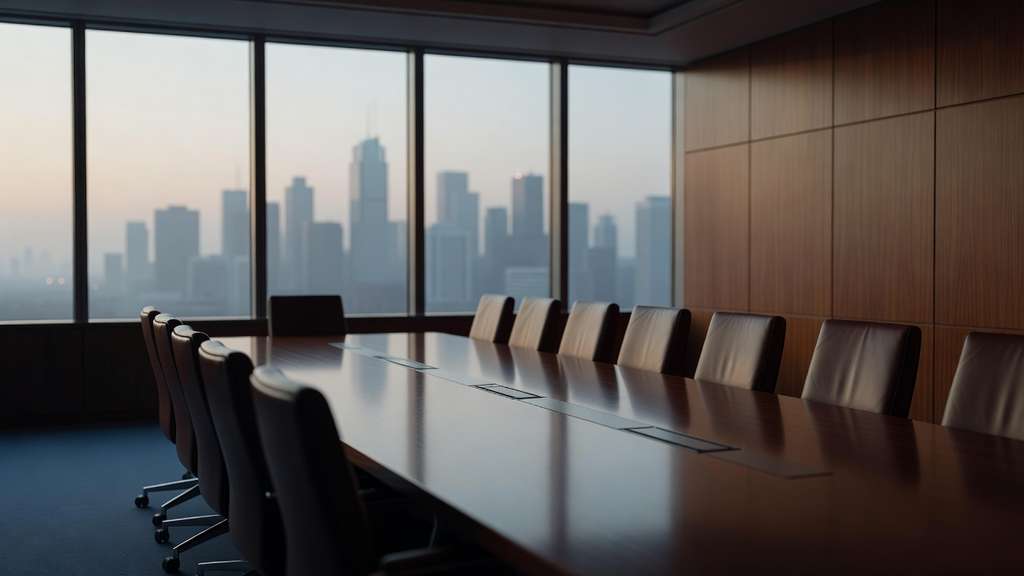 An empty central bank style boardroom at dawn, a long polished dark wood conference table lined with leather chairs pushed neatly in, floor to ceiling windows showing soft grey light over a distant skyline