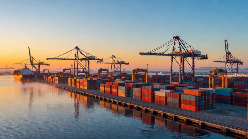 A container ship terminal photographed at sunrise from across calm harbour water, gantry cranes standing in silhouette against an orange and blue sky above stacked shipping containers