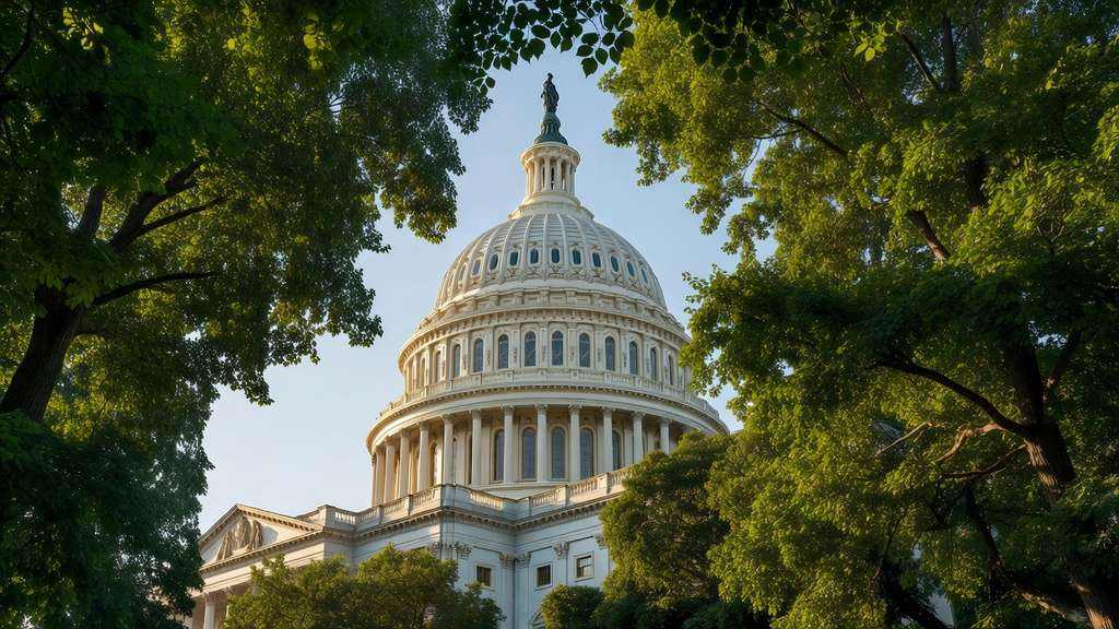 The white dome of the United States Capitol seen from a low angle through the green leaves of a summer tree, crisp architectural detail picked out by late afternoon sunlight under a pale blue sky.