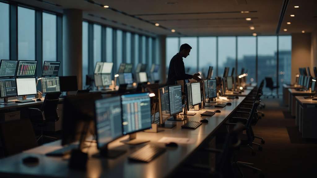 A wide view of a modern institutional bond trading floor at work, rows of desks and monitors deliberately blurred out of focus, a lone trader silhouetted in the middle distance under mixed cool blue and warm overhead light.
