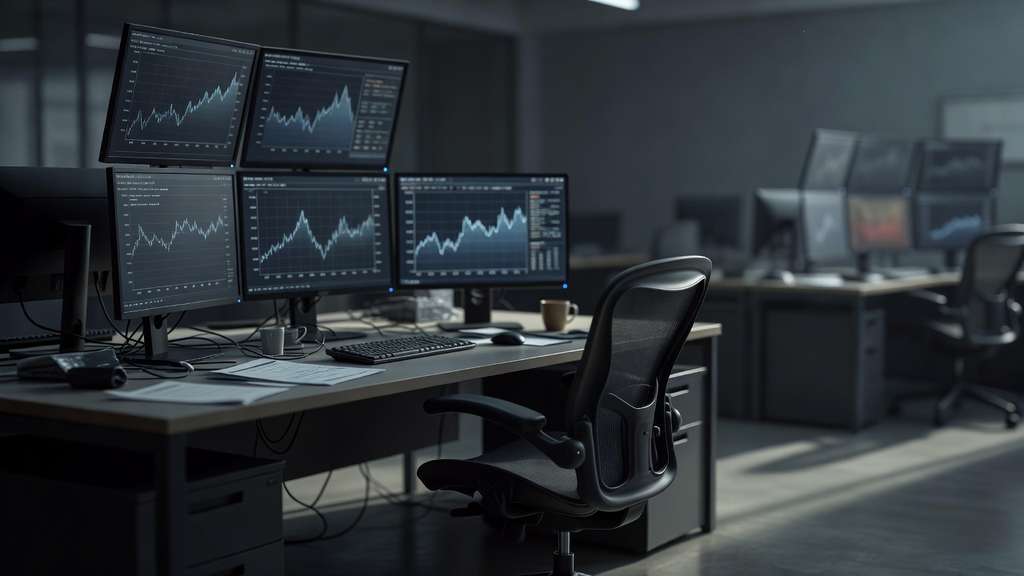 A quiet institutional bond trading desk before the open, dark monitors glowing with blurred chart lines in a dim gray office