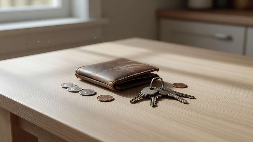 A worn leather wallet, a ring of house keys and scattered coins on a pale oak kitchen table in soft morning light