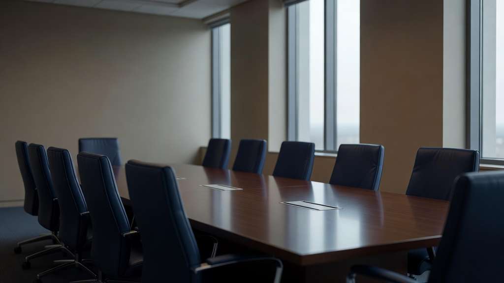 An empty government conference room with a long polished dark wood table, rows of dark leather chairs and tall windows filled with soft grey morning light