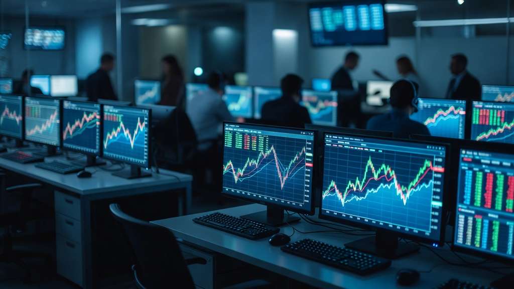A bond trading floor at work, rows of monitors glowing with green and red line charts while out of focus traders move in the background under cool blue light