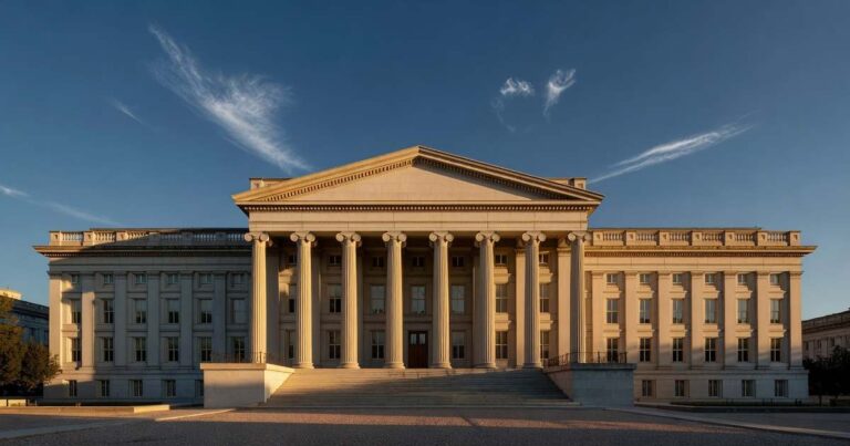 The neoclassical limestone facade and columned portico of the United States Treasury building in Washington D.C., lit by low golden hour sunlight under a deep blue sky