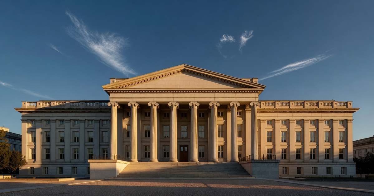 The neoclassical limestone facade and columned portico of the United States Treasury building in Washington D.C., lit by low golden hour sunlight under a deep blue sky