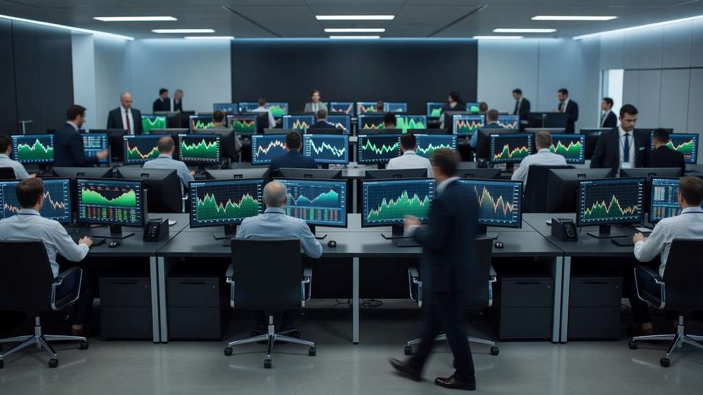 Rows of multi-monitor bond trading terminals glow with green and amber charts on a dimly lit institutional trading floor