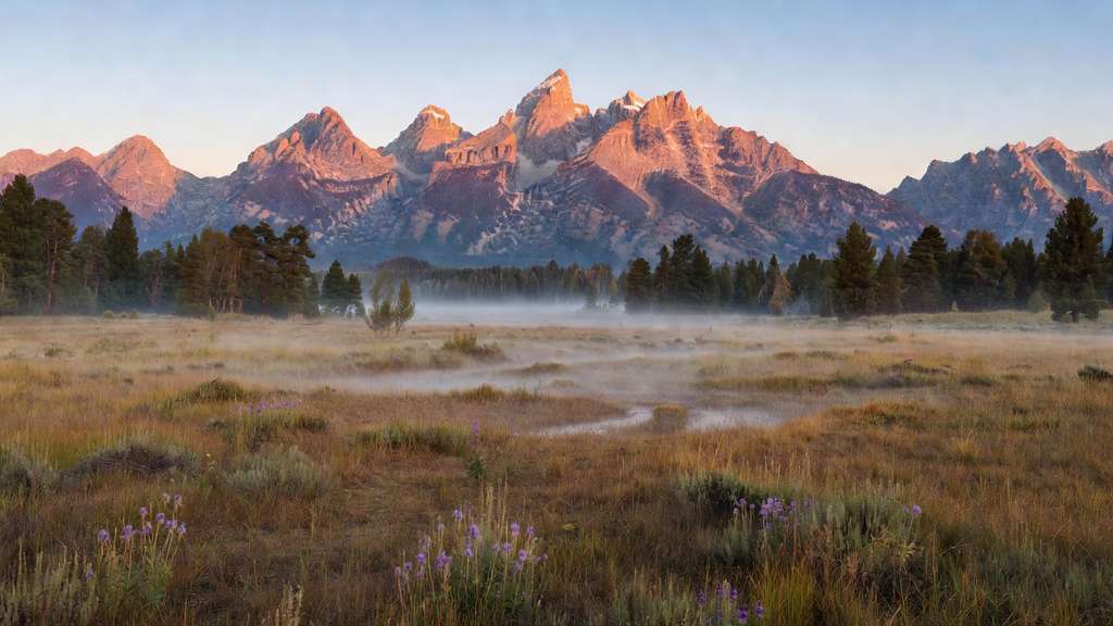 Dawn light on the granite peaks of the Grand Teton range above a misty alpine meadow and pine forest in late summer