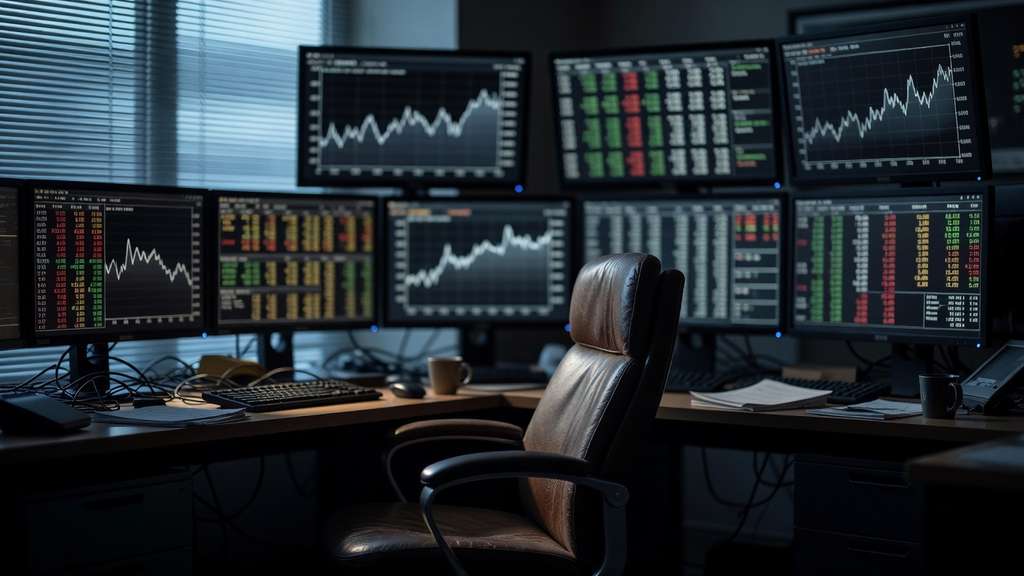 An institutional bond trading desk before dawn with dark monitors showing rising line charts and grids of green and amber numerals beside an empty leather chair