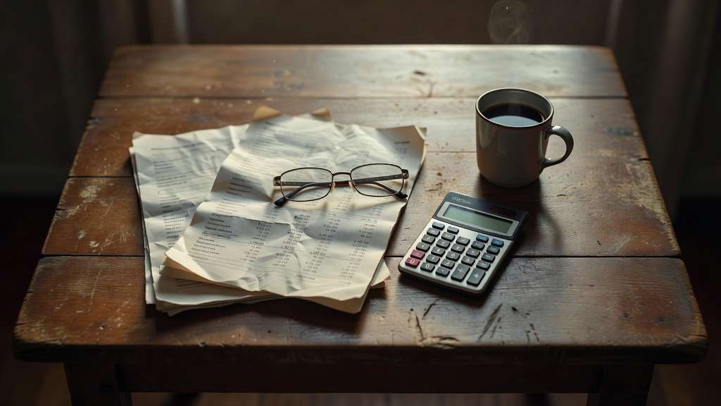 Overhead view of a worn wooden kitchen table holding an open folded paper statement, reading glasses, a pocket calculator and a half full cup of black coffee in warm afternoon light