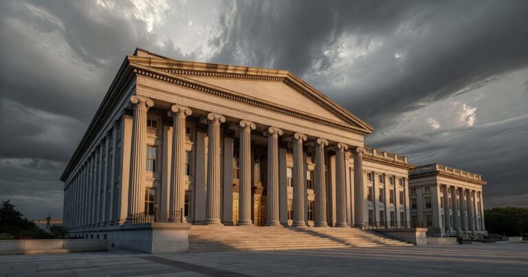 Wide golden hour photograph of the neoclassical United States Treasury building facade, its tall fluted stone columns casting long shadows across warm sandstone as heavy storm clouds gather overhead.