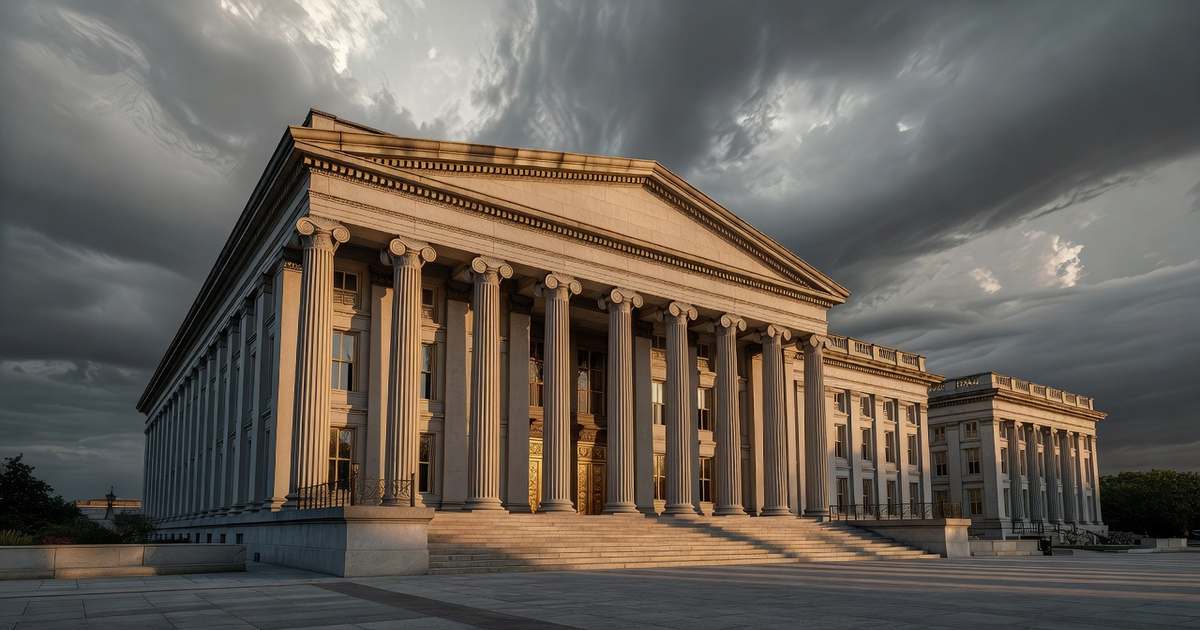 Wide golden hour photograph of the neoclassical United States Treasury building facade, its tall fluted stone columns casting long shadows across warm sandstone as heavy storm clouds gather overhead.