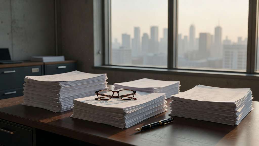 Weekly financial statements stacked on an institutional office desk beside a window at dawn, representing the Federal Reserve H.4.1 balance sheet release