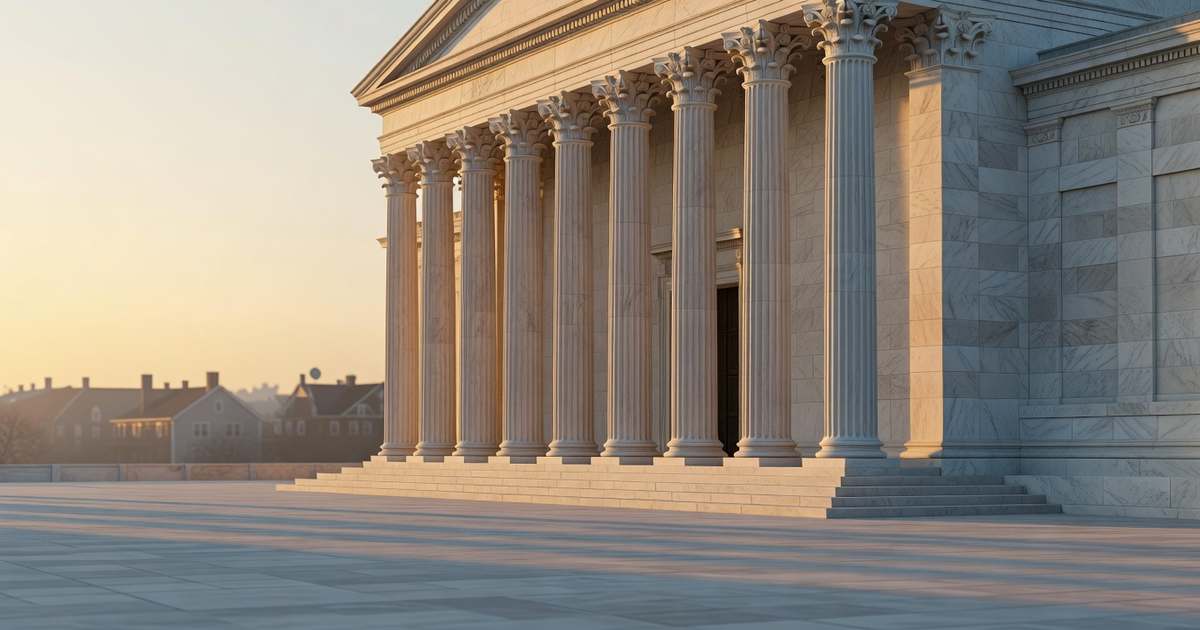 Wide golden hour view of the neoclassical marble facade and columns of the Federal Reserve headquarters in Washington, seen across an empty plaza with suburban rooftops faint in the hazy distance, illustrating the link between the central bank balance sheet and American housing finance.