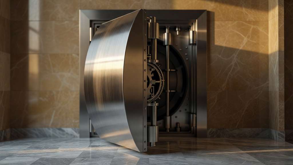 A heavy polished stainless steel bank vault door standing half open in a marble lobby, warm directional light raking across the brushed metal surface