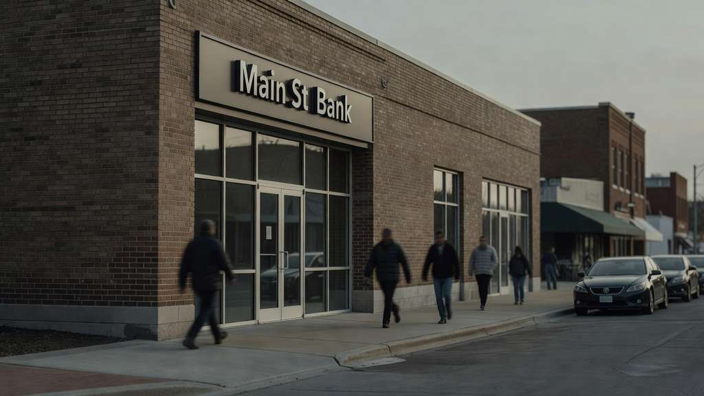 A small town main street bank branch with a brick facade and tall glass doors on an overcast morning, pedestrians blurred in motion along the sidewalk