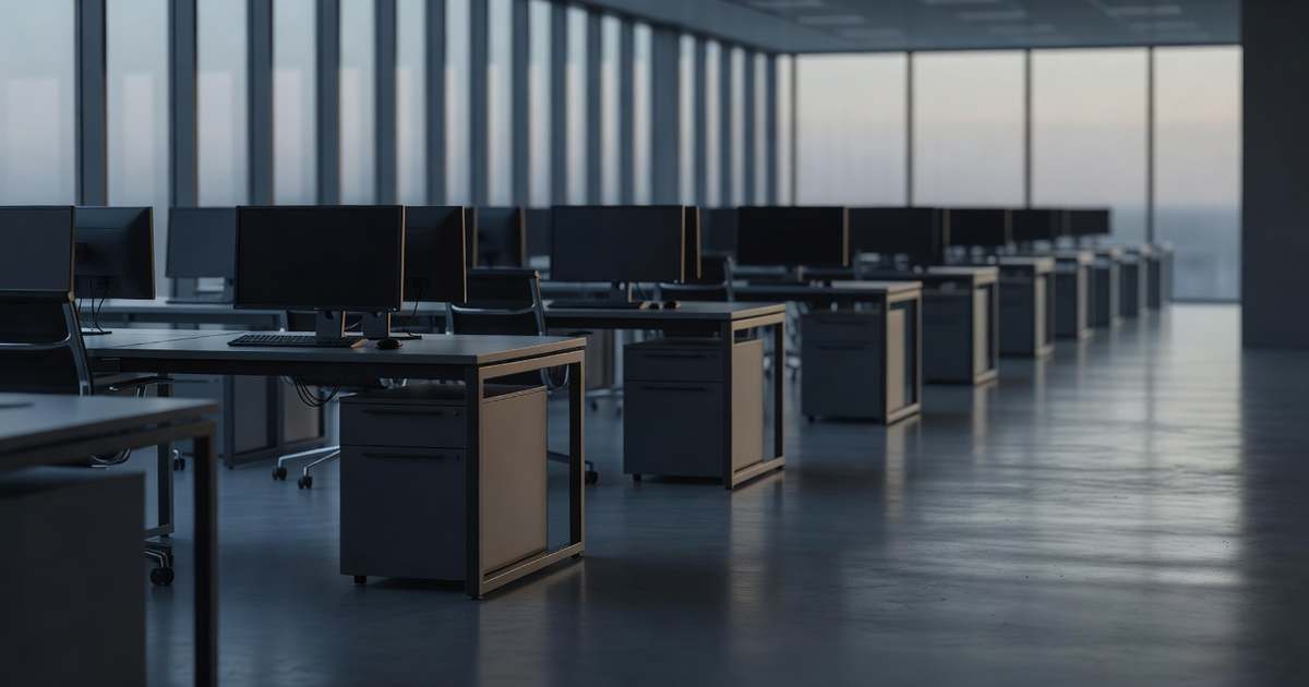 Long rows of empty desks with switched off monitors on a modern bank operations floor at dawn, grey morning light falling through floor to ceiling windows onto polished concrete