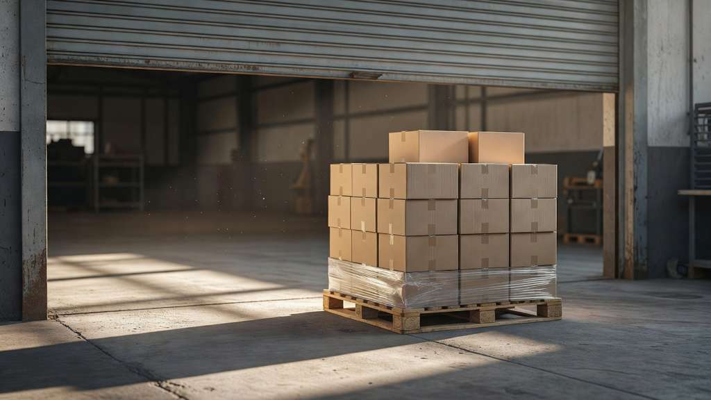 A loaded pallet of plain cardboard cartons sitting untouched on a warehouse loading dock with the roll up steel door half raised and morning light spilling across the concrete floor