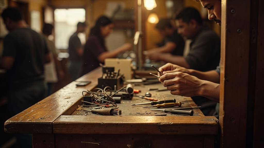 The interior of a neighborhood repair shop seen from behind the service counter, warm tungsten light falling on worn wooden surfaces while a technician works at a workbench in soft focus