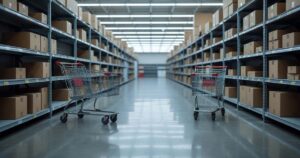 A nearly empty big box retail aisle photographed at closing time, polished concrete floor reflecting overhead fluorescent light, two abandoned shopping carts beside sparsely stocked shelving