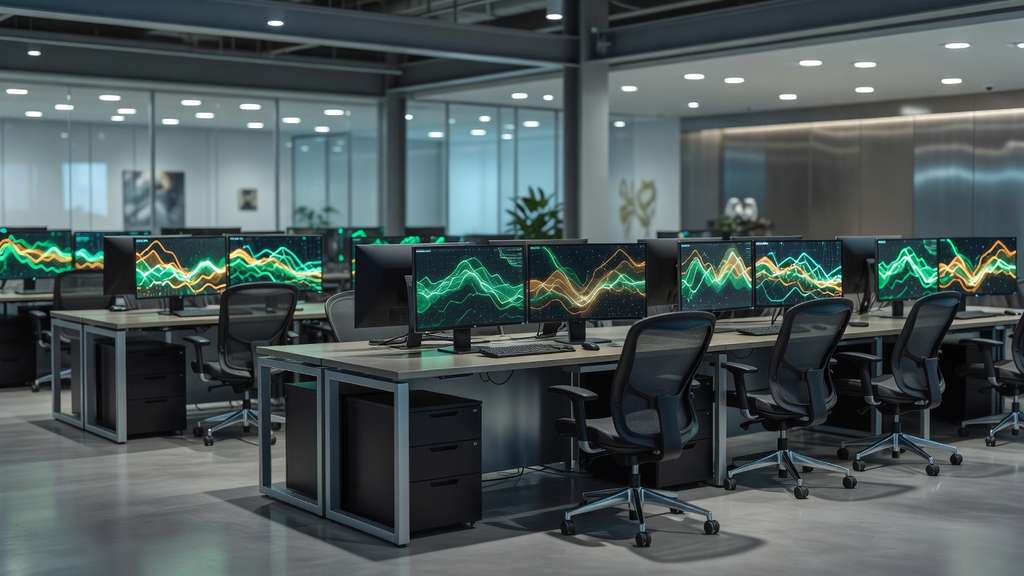 A darkened bank treasury operations floor where rows of monitors display glowing green and amber line charts above empty chairs.