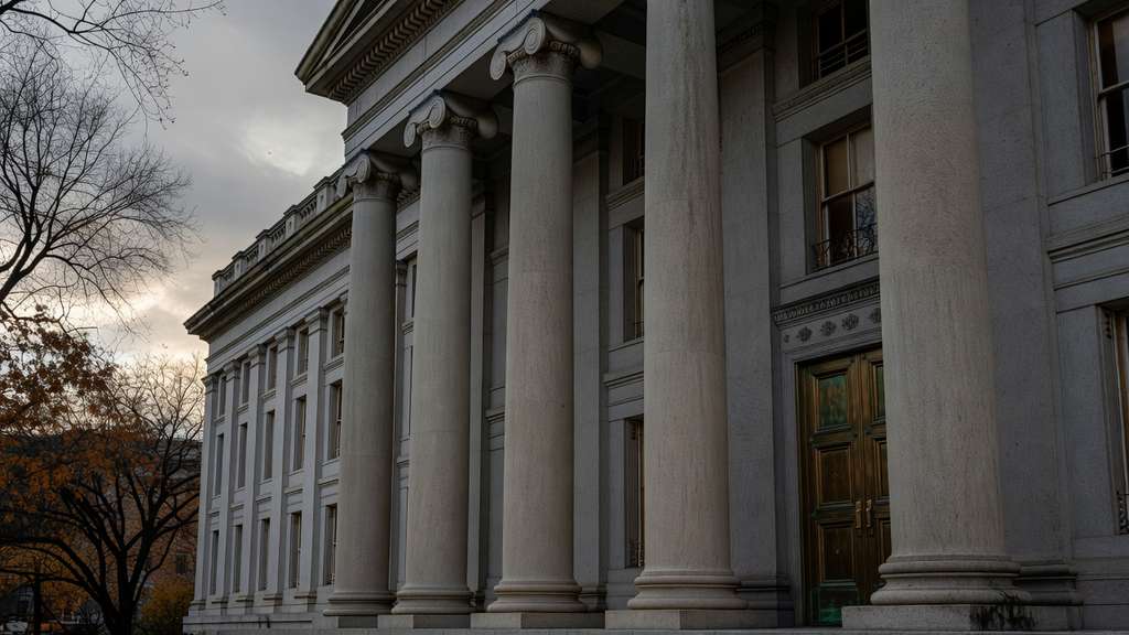 The granite columns and bronze doors of the US Treasury Department building in Washington DC under a flat grey overcast sky.