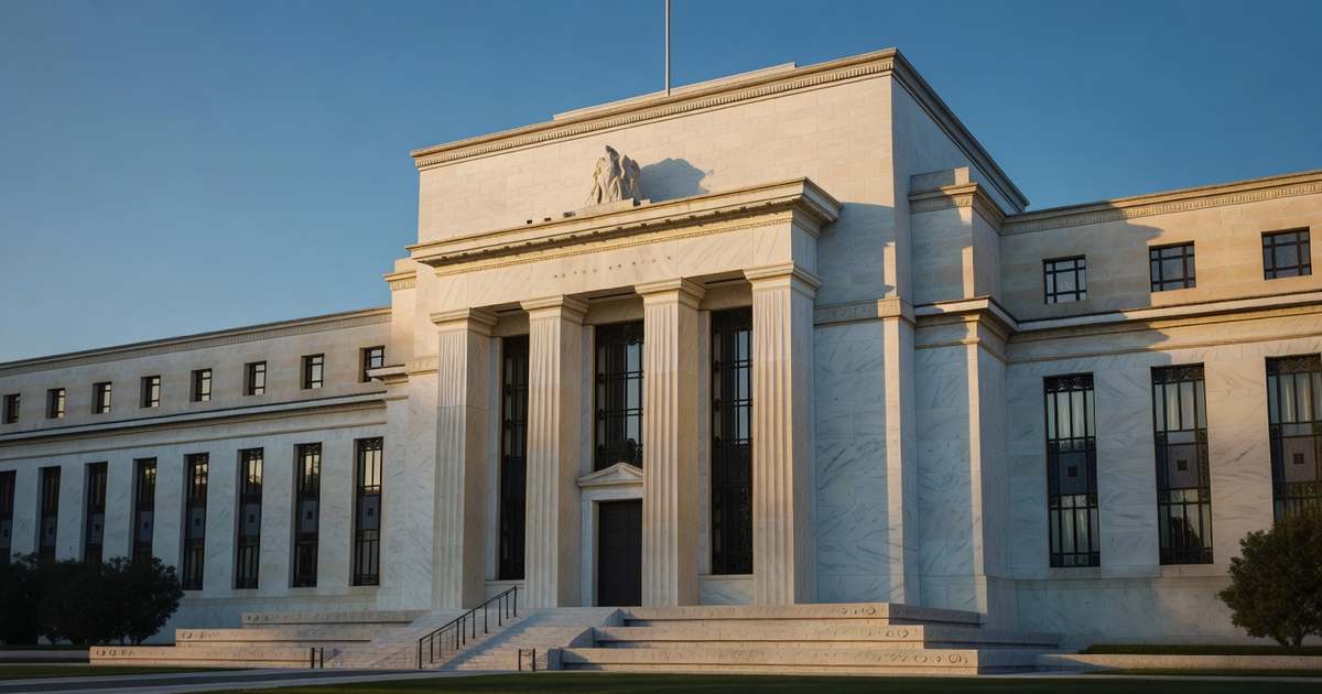 The marble colonnade of the Federal Reserve headquarters in Washington DC catches low golden sunrise light against a deep blue sky.