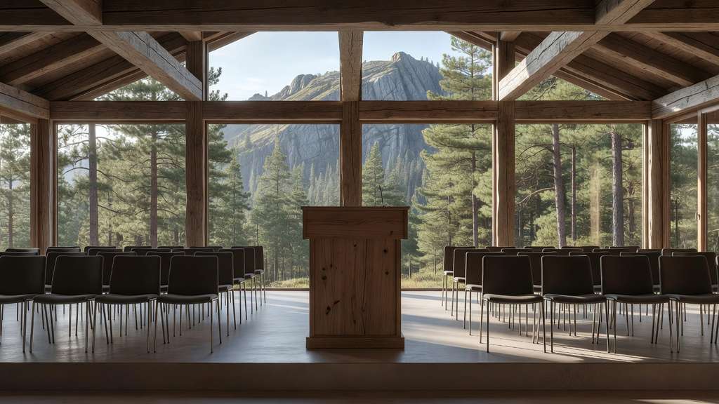 An empty wooden lectern on a low stage inside a timber beamed mountain lodge hall with rows of vacant chairs and a pine forest ridge framed by floor to ceiling windows.