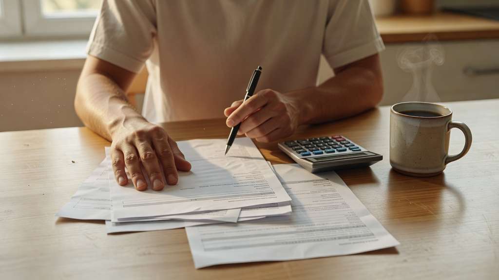 Overhead view of a persons hands at a kitchen table sorting printed financial statements beside a calculator a pen and a mug of coffee in soft window light.
