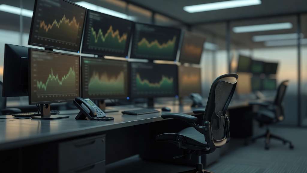 Rows of darkened monitors on an empty institutional bond trading desk glow with out of focus green and amber charts at the end of a session.
