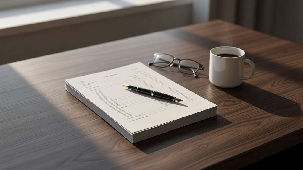 An overhead view of a walnut desk holding a stack of printed financial documents, a fountain pen, reading glasses and a white coffee cup in soft morning light.
