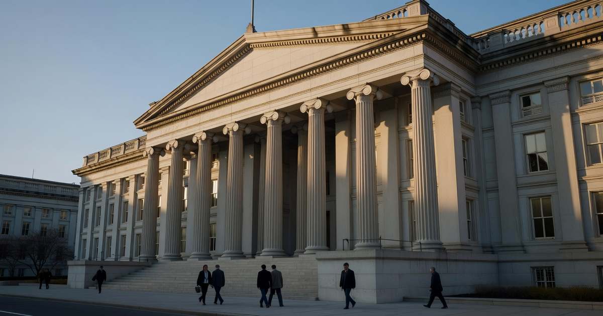 Late afternoon sunlight rakes across the limestone columns of the United States Treasury Building in Washington as pedestrians pass on the sidewalk below.