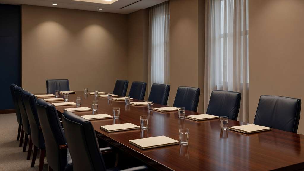 An empty formal government boardroom with a long polished dark wood conference table, twelve high-backed leather chairs and closed paper folders set at each place
