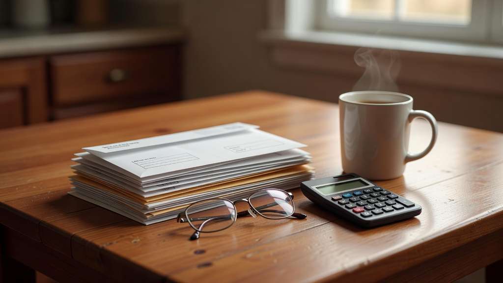 A household kitchen table in soft morning light holding a stack of unopened bank and credit card statement envelopes, reading glasses, a calculator and a coffee mug