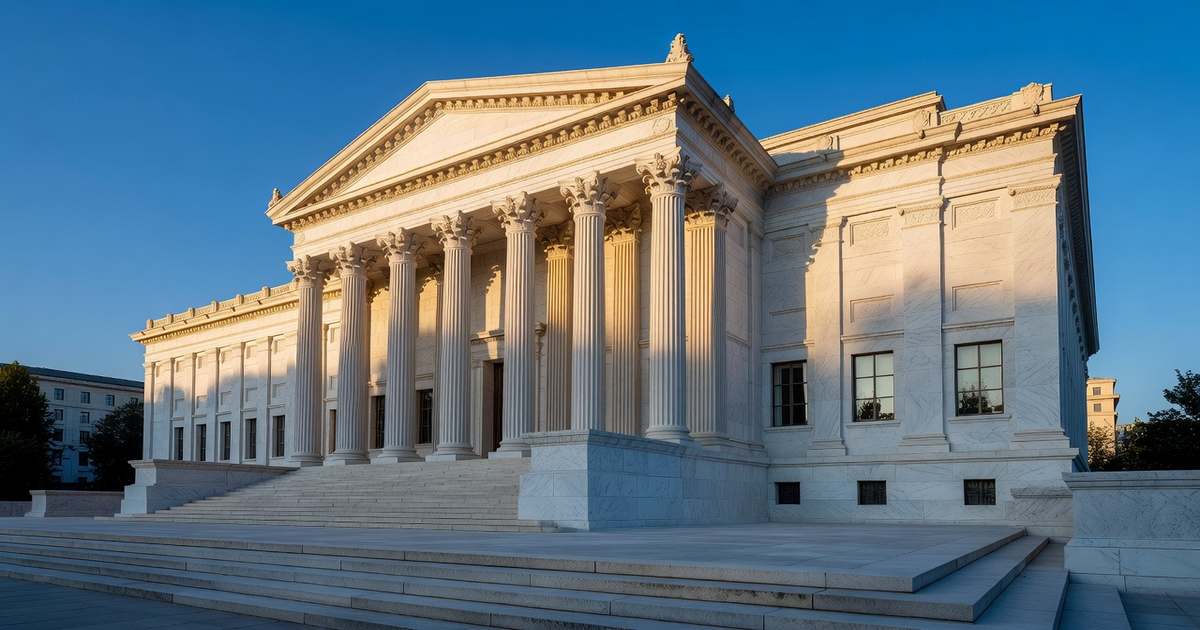 Tall stone columns and the white marble facade of a neoclassical American central bank headquarters building photographed at golden hour under a deep blue late summer sky, with empty granite steps in the foreground