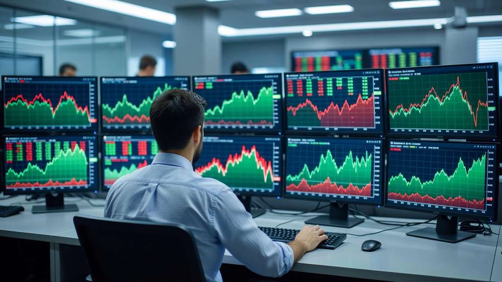 A bond trader seated at a desk in front of a bank of monitors showing green and red price charts in a dimly lit institutional trading room